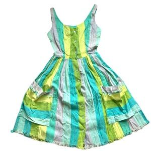 Vtg 50s 60s Saks Rockabilly Blue Green Striped Pleated Casual Dress